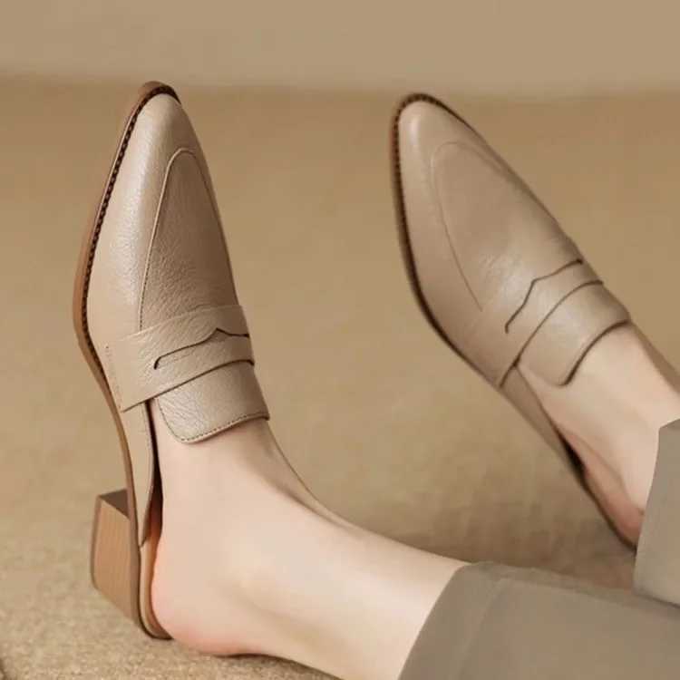 Summer Women Sandals Genuine Leather Shoes for Women Pointed Toe Concise Modern Sandals Chunky Heel Women Mules Solid SlippersLX241014
