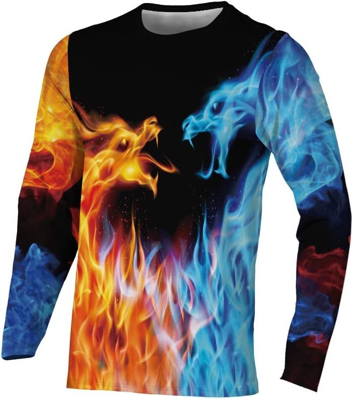 Long Sleeve Shirts for Men sweatshirt Long Sleeve Men's Tee Crew Neck Popular Black Clothing Fashion Fire and Ice Dragon Graphic BasicStreetwear 
