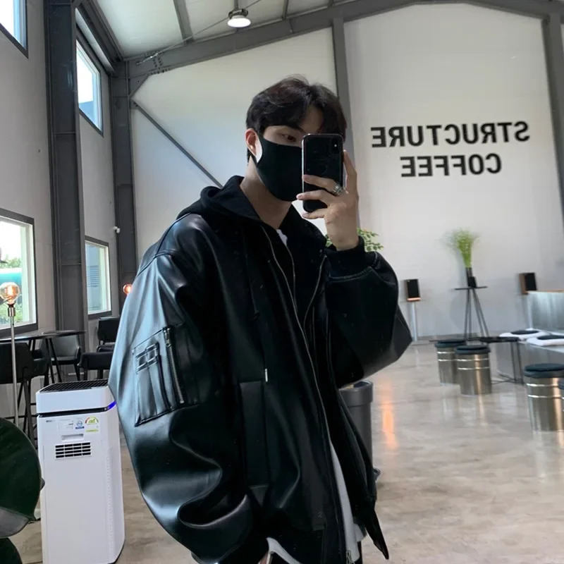 Trendy Hooded Faux Leather Jacket For Men Loose Fit High-end Feel Motorcycle Clothing Korean Style Fallwinter Arrival 241011