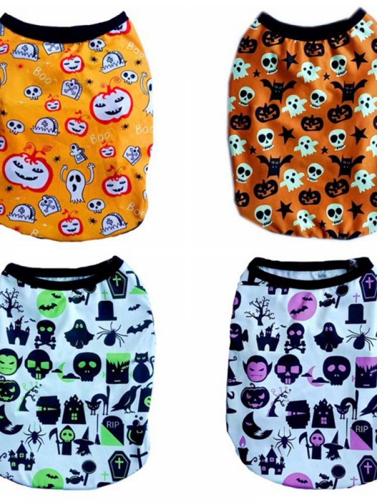 Summer Clothes Soft No Burrs Outfit Halloween Theme Cute Skull Printed Dog Vest Shirt Pet for Puppy Cat Apparels, 5 Sizes