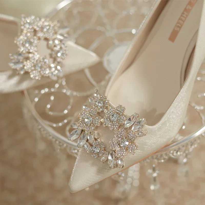 Womens Crystal Square Buckle High Heels Pumps 2024 Elegant Silk Thin Heeled Wedding Shoes Woman Slip On Pointed Toe Dress ShoesLX241014