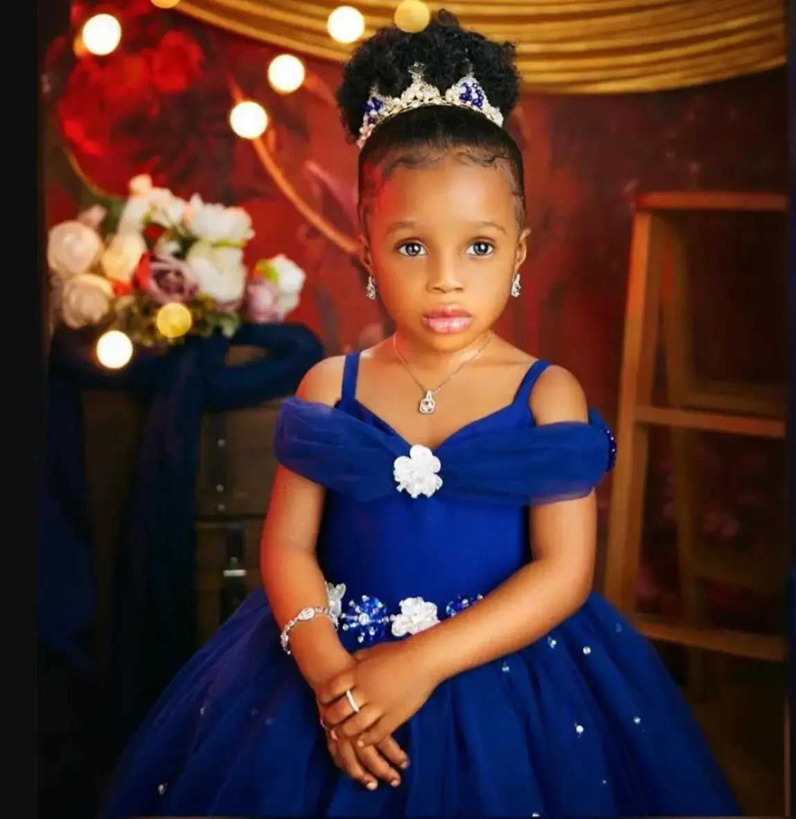 Princess Royal Blue Flower Girl Dresses For Wedding Beaded Tulle Toddler Girls Pageant Dress Kids Formal Wear 241014