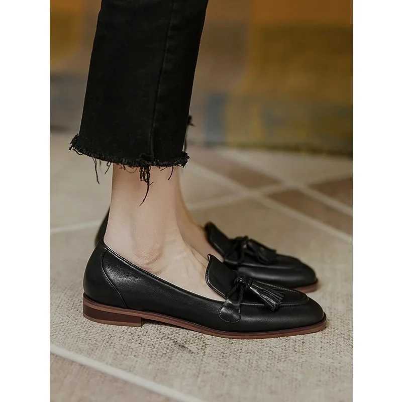 British Style Square Head Womens Loafers Shoes 2024 Summer New Style Tassel Comfortable Single Shoes Women Brown ShoesLX241014