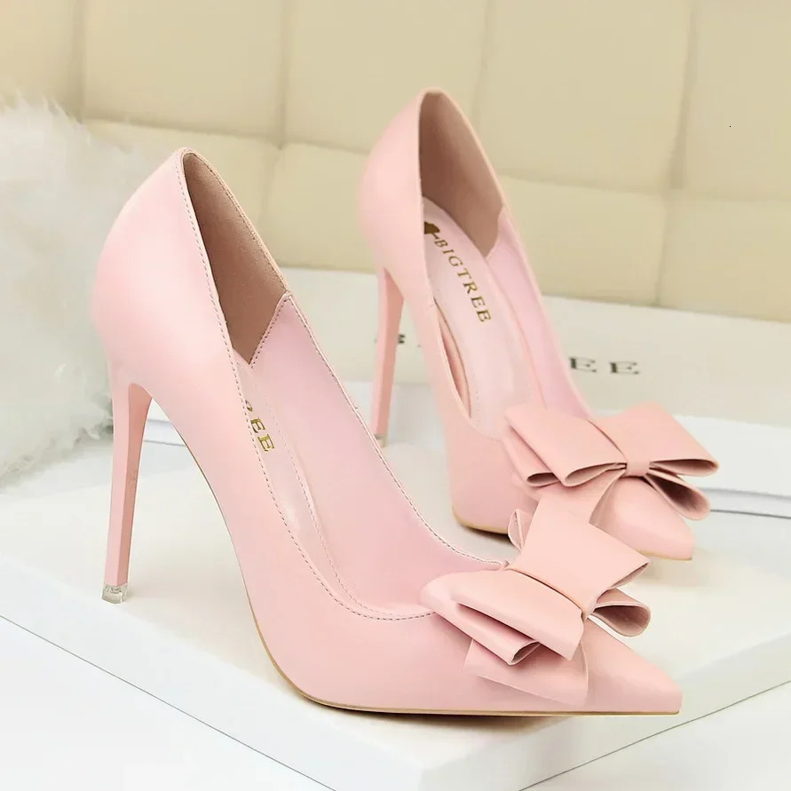 2025 new Women Fetish 10.5cm High Blue Pink Pumps Butterfly Knot Leather Stiletto Heels Lady Escarpins Wedding Evening Party Shoes 241014