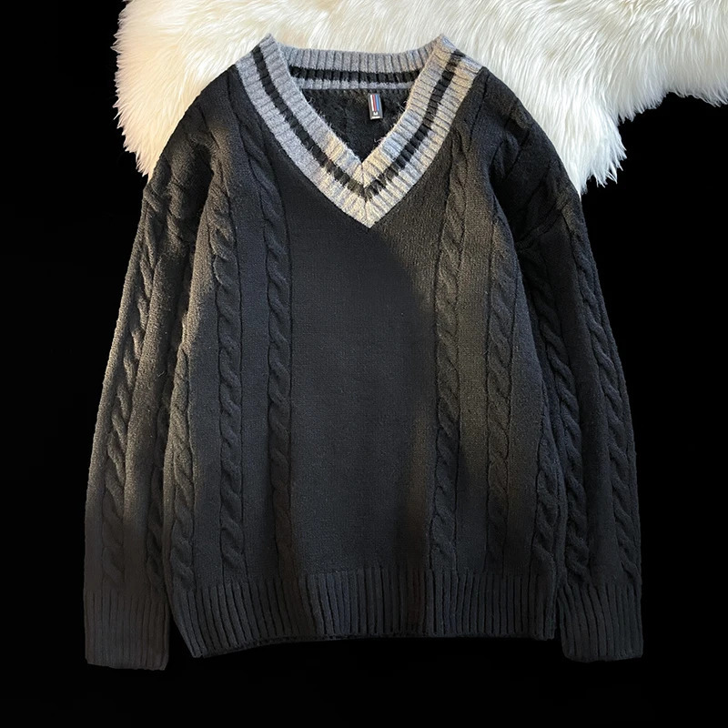 Match V-neck mens knitted sweater with satin ribbon hem fashionable splicing and floral Korean loose autumn knitted sweater 241011