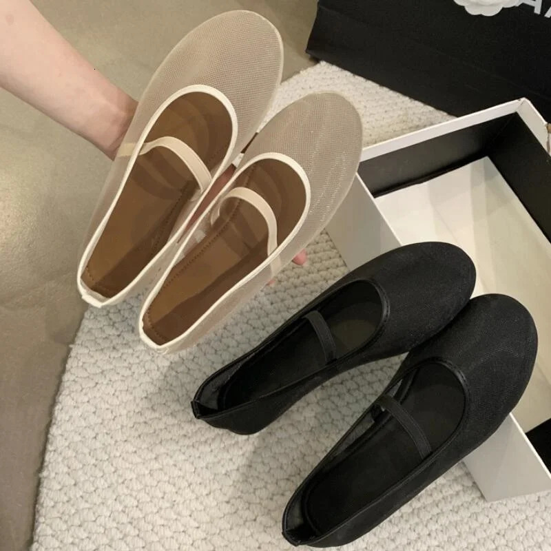 Fashion Mesh Mary Jane Flat Women Summer Shallow Elastic Band Footwear Ladies er Soft Sole Ballerina New Shoes 241014