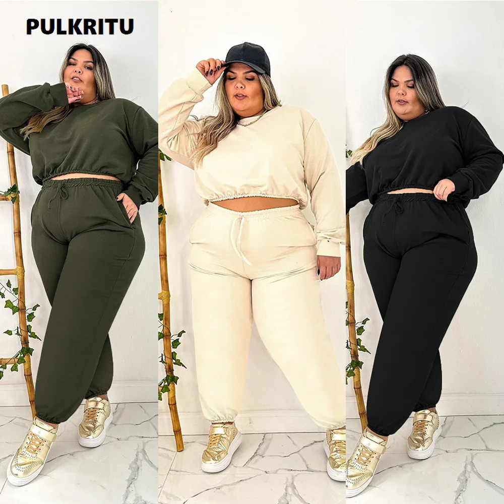 Pulkritu plus size womens jogging pants set and long sleeved sportswear fashionable two-piece set active sportswear set 240930