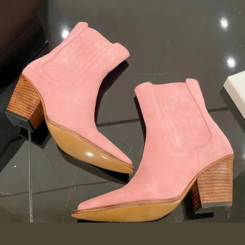 Arden Furtado 2024 Autumn Suede Tapered heel Short boots Pointed toe Patchwork Slip-on High heel Simple style Modern boots 241010