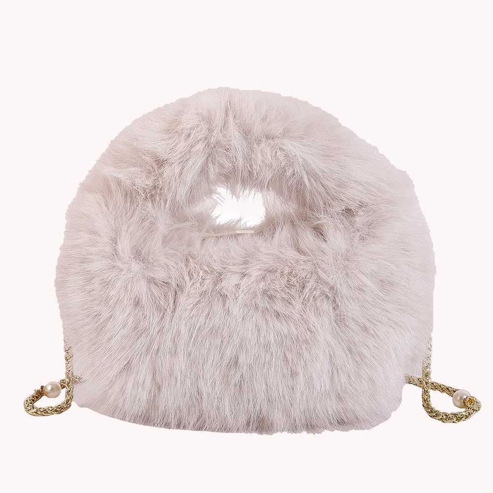 Faux Fox Fur Shoulder Bag with Chain for Ladies Crossbody Pearl Clutch Purse Hobo Work Travel 241014