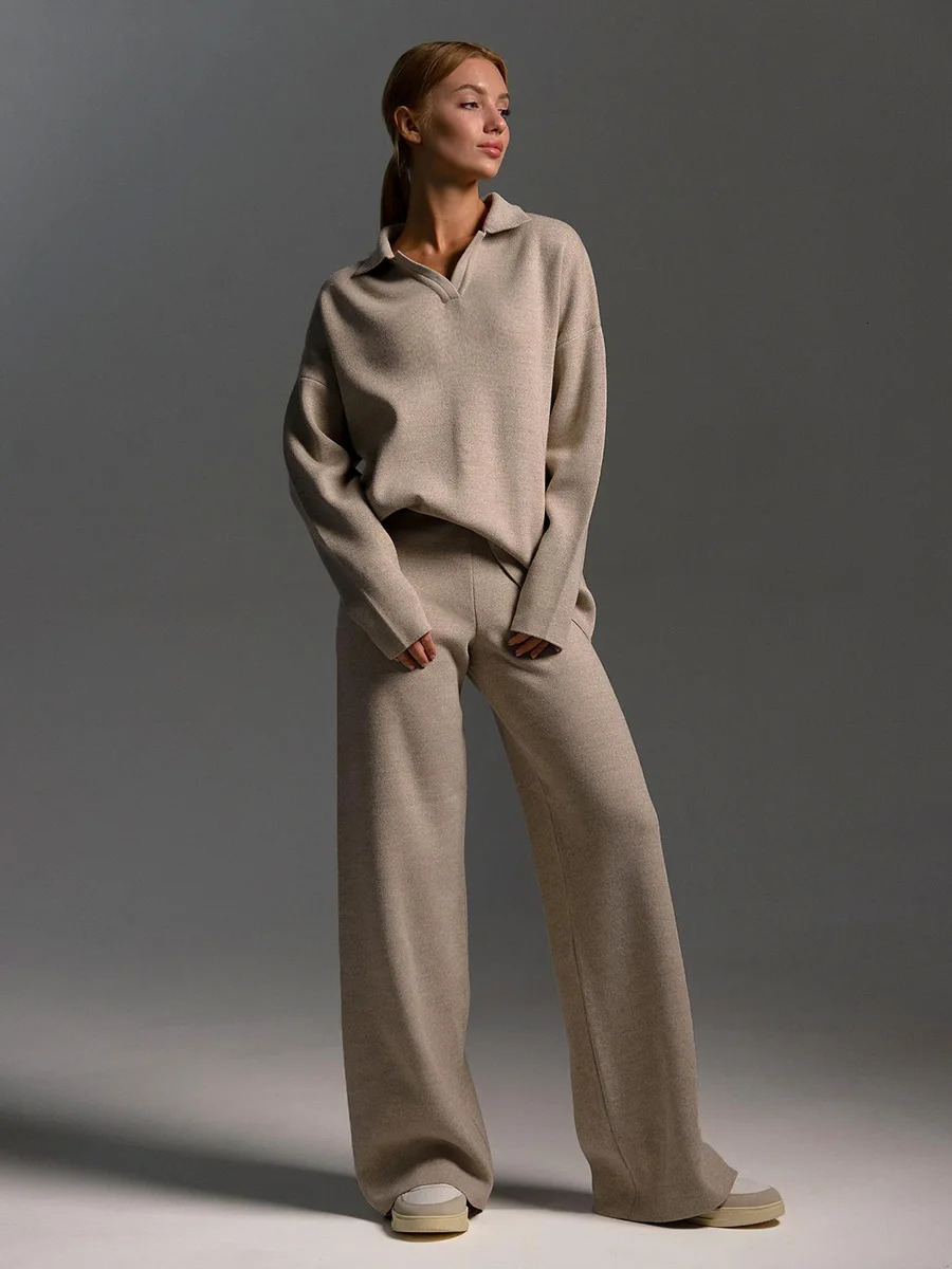 Bornladies Winter Thick Women Suits Cashmere Soft 2 Pieces Sets Female Polo Neck Sweater & Wide Leg Pants Knitted Outfit