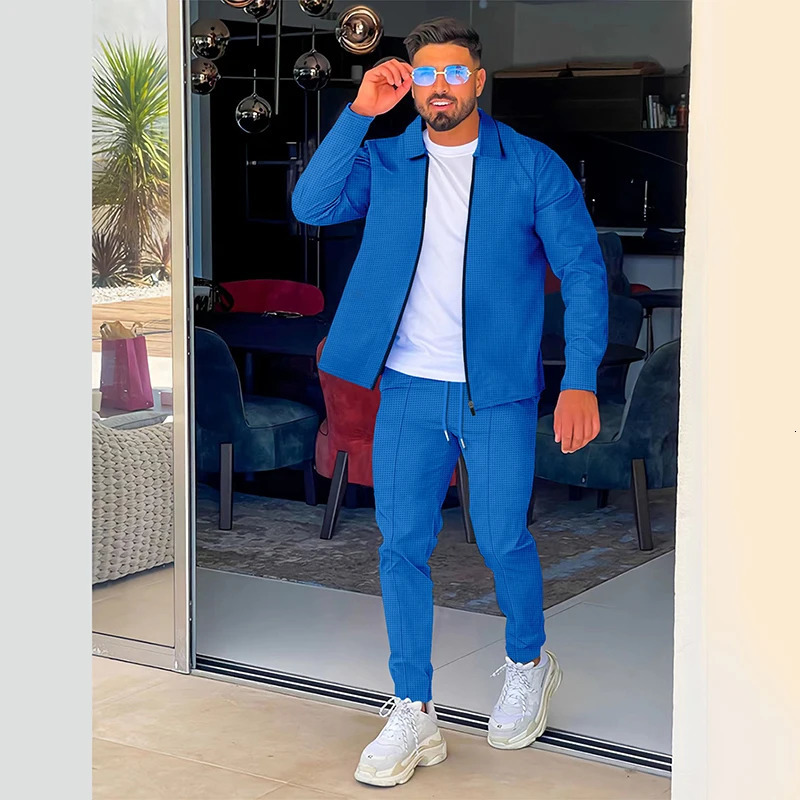 European and American mens waffle long sleeved lapel set fashionable zipper cardigan casual sports set 240930