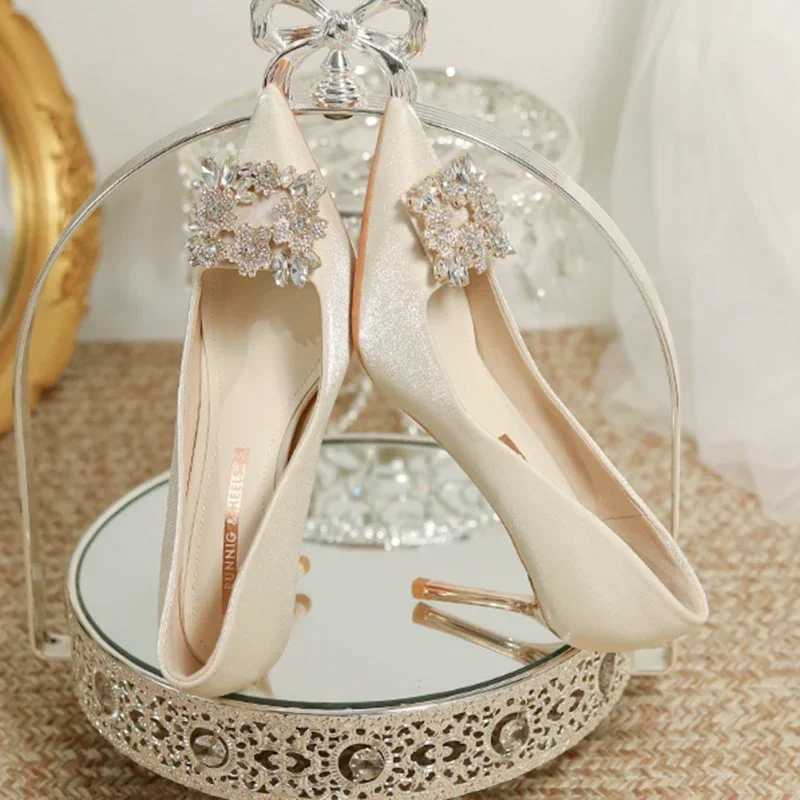 Womens Crystal Square Buckle High Heels Pumps 2024 Elegant Silk Thin Heeled Wedding Shoes Woman Slip On Pointed Toe Dress ShoesLX241014