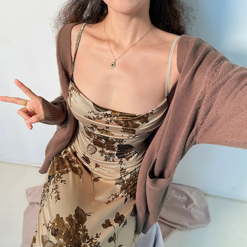 CIBBAR y2k Vintage Strap Dress Retro Floral Print Sleeveless Summer Party Long Dresses for Women 2000s Aesthetic Elegant Ladies 241007