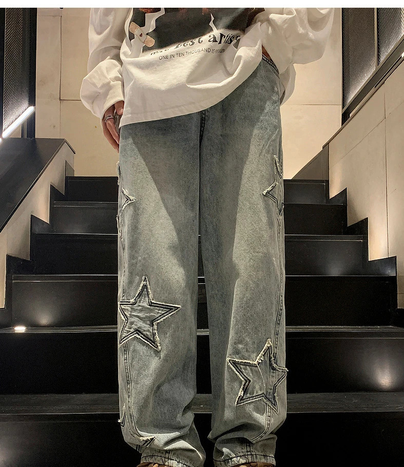 Fashion Five-pointed Star Jeans Men High-waisted Vintage Streetwear Men Pants Baggy Winter Wide-leg Jeans Denim Men Clothing 241011