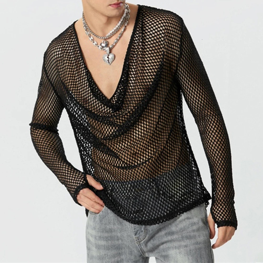 Mens Sexy See-Through Mesh Long-Sleeved Top 2024 Genderless Nightclub Individuality Youthful Thin Low-Cut T-Shirt Unisex 241011