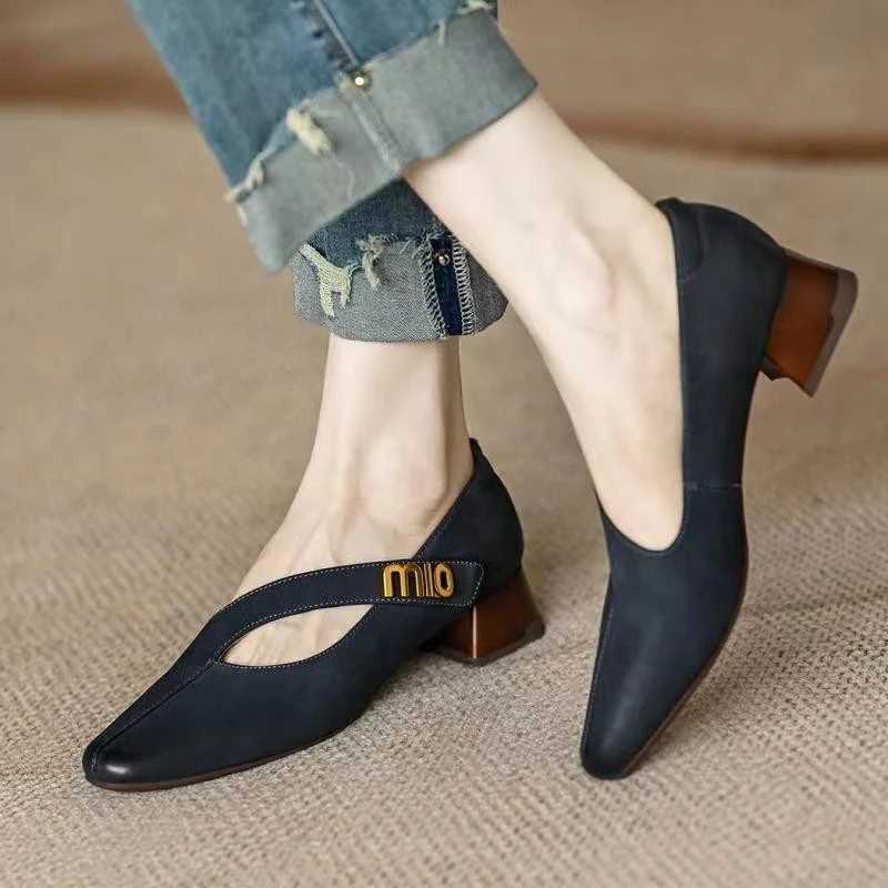 Mid Heels Oxford Women Shoes Chunky Women Fshion Shallow Shoes Luxury Pointed Toe Brand Pumps Autumn New 2024 Dress Women ShoesLX241014