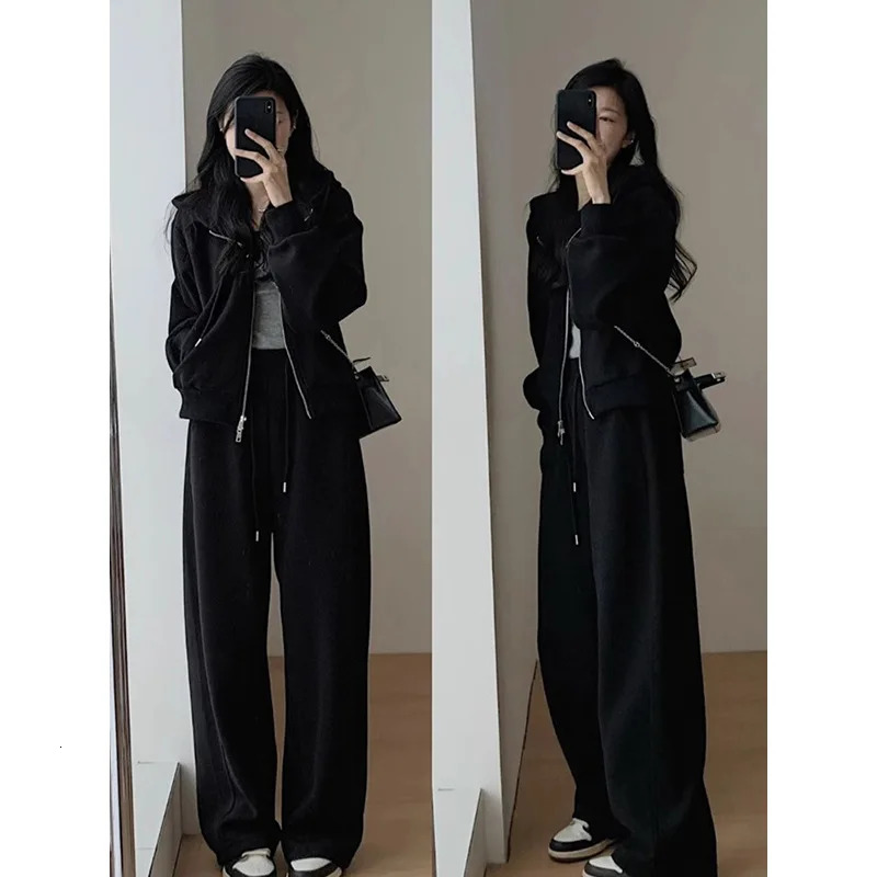 2024 Autumn Winter Solid Loose Womens Hoodie and Sweatpants Two Piece Set Korean Fashion Y2k Zip Up Hoodie Sweatshirts 241010