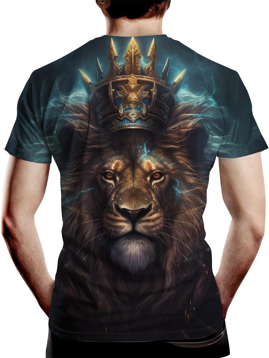Mens T shirt Lion Head Golden Crown Art Lightning Lion King Short Sleeve graphic tee Casual tops summer clothes Short sleeve Trendy Fashion cool