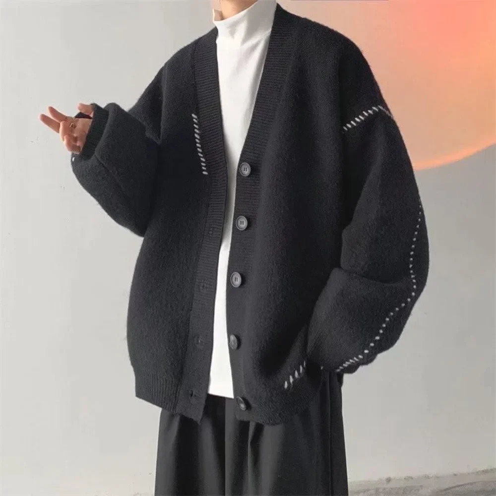 Sweater coat mens loose retro slouchy sweater autumnwinter thick hipster couple cardigan Vneck knit 241011