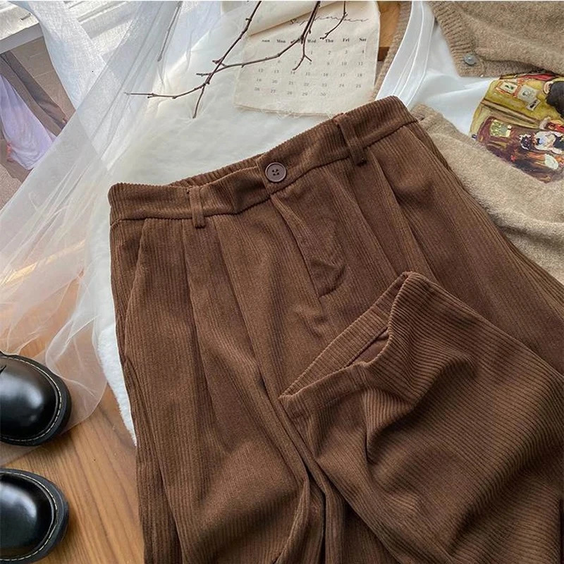 Vintage Corduroy Women Pants High Waist Coffee Wide Leg Fall Casual Korean Office Ladies Trousers 241009