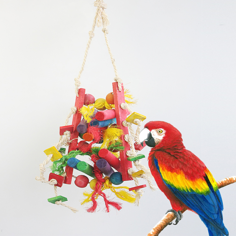 Colorful Hanging Wooden With Sisal Bird Toys Macaw Cockatoo Cockatiel Conure Handmade Toy Plant Fibre Parrot Bite-resistant Toy