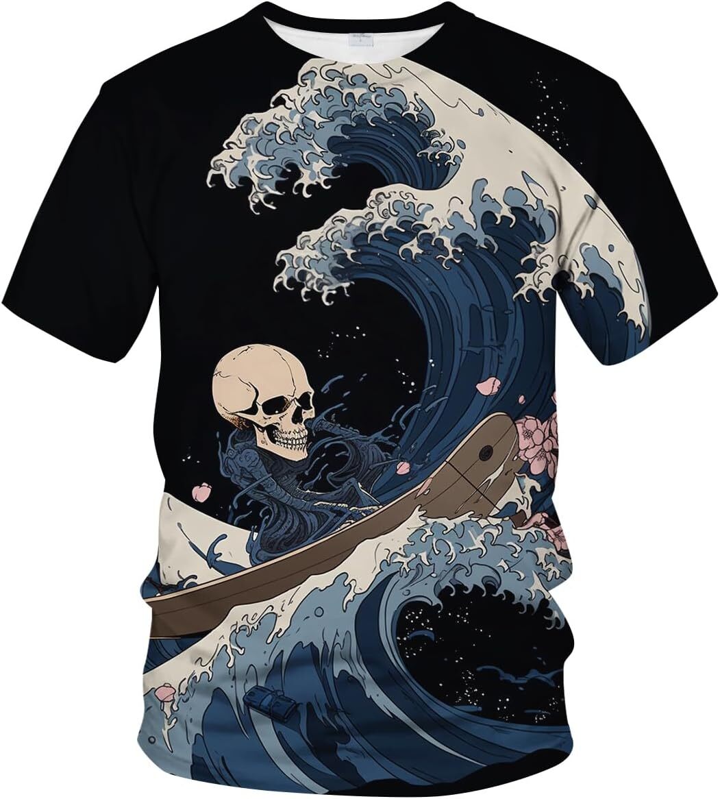 Mens T shirt Funny Skull Surfing Shirt 3D Art Printed Skull Warrior Pattern Casual graphic tee Casual tops summer clothes cool