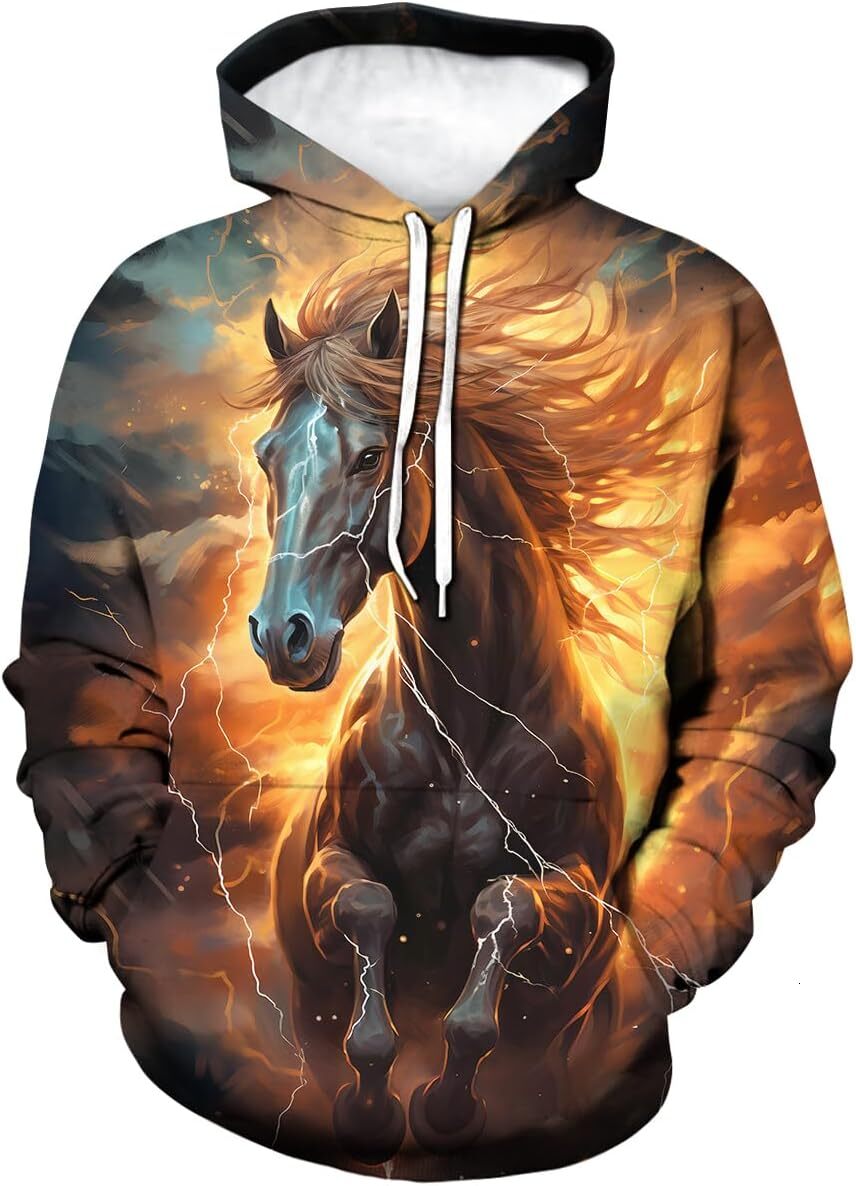 Hoodie for Mens Womens Mens 3D Printing Horse Round Neck Hoodie Trippy Colorful Animal Hooded Sweatshirts Graphic Hoodies sweatshirt Pullover Long Sle