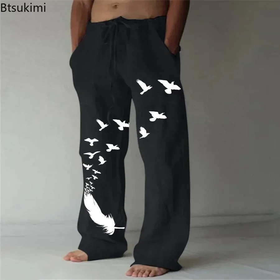 2024 Mens Casual Pants Pocket n Linen Drawstring Loose Trouser Plus Size Fashion Birds Feather Print Sweatpants 240930