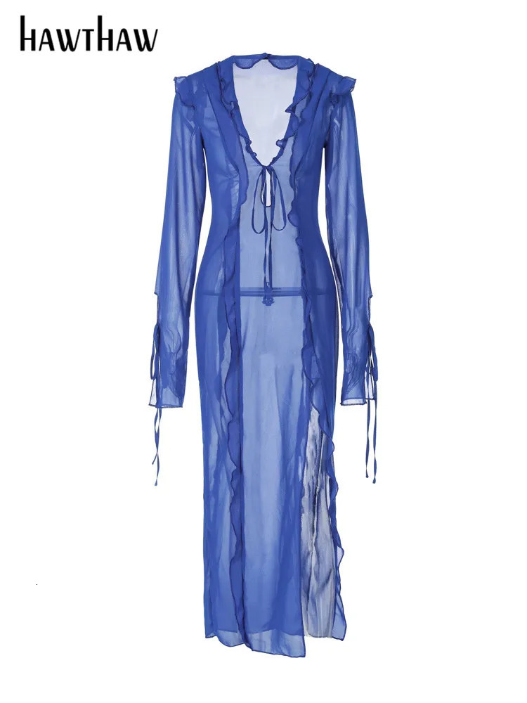 Hawthaw Women Long Sleeve Mesh See Through Bodycon Beach Vacation Long Dress Summer Autumn Wholesale Items For Business 241010