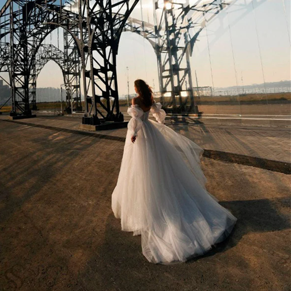 Off Shoulder Long Sleeves Glitter Tulle A-line Wedding Dresses Sequined Ivory 2024 vestido Long Bridal Gown Robe De Mariee