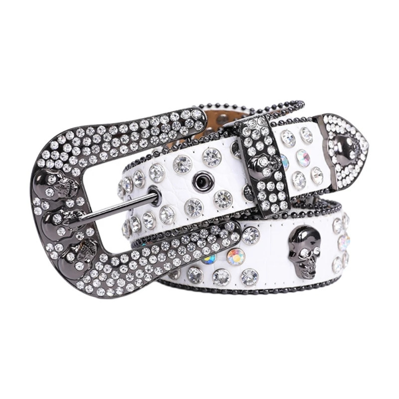 Home Skull Buckle Strap Womens Pu Leather Strap Rhinestone Buckle Strap Western Cowboy Y2k Girls Jeans Zipper Fashion Strap 240927