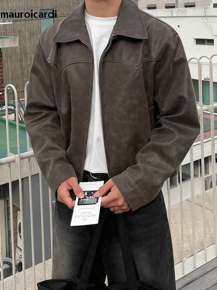 Mauroicardi Spring Autumn Vintage Lightweight Distressed Washed Brown Pu Leather Jacket Men Zipper Casual Korean Fashion Clothes 241011