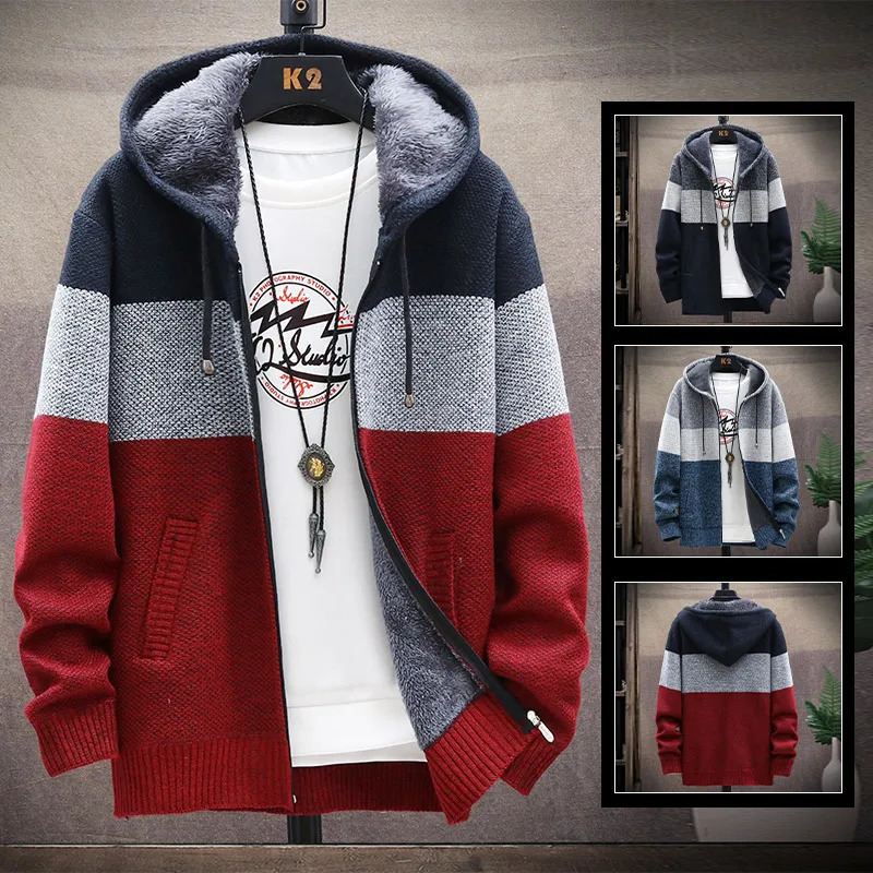 Mens Knit Sweater Fleece Coat Striped Jackets Fashion Hoodies Winter Autumn Thick Warm Windbreaker Pullovers Male Clothing 241010