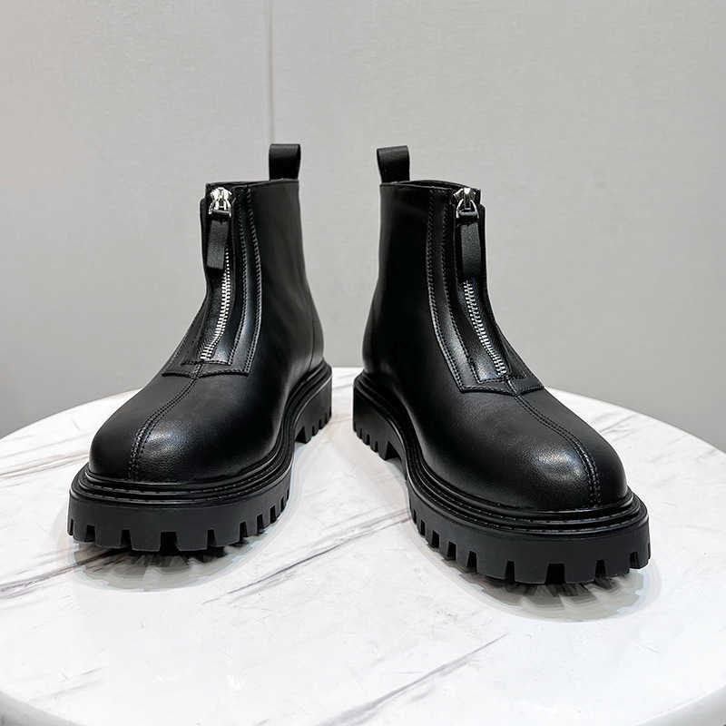 Martin Boot Straight Winter Zipper Chelsea Boots Midsole Motorcycle Ankle Boots Mens British Style High Cut Thick Soled Leather Boots Fashion Boots 24