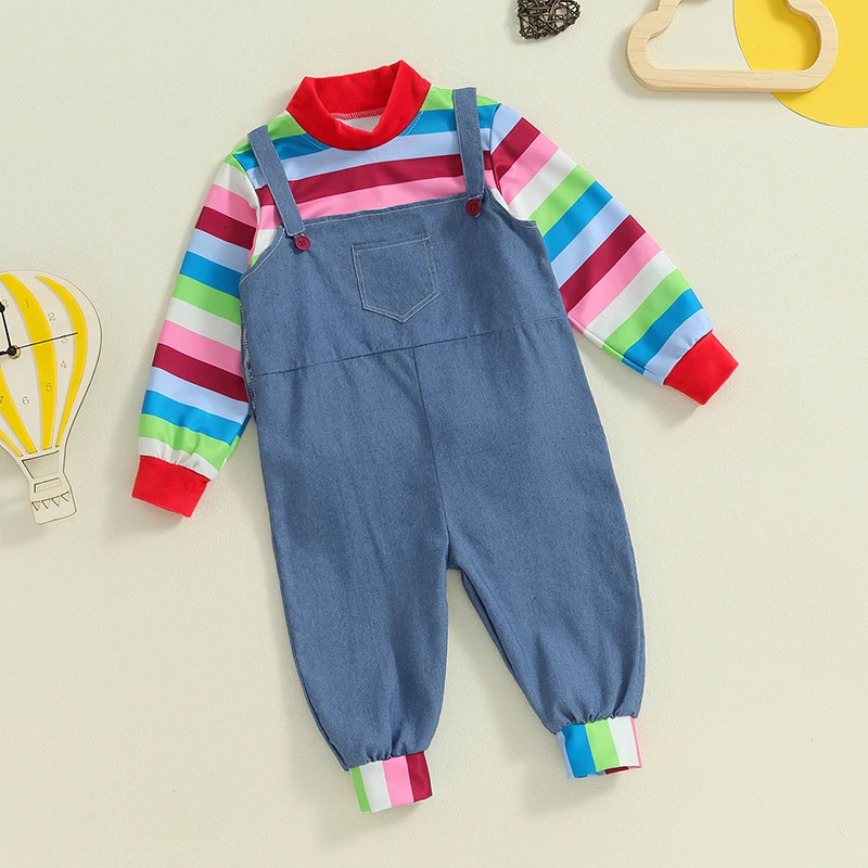 Toddler Baby Boy Girl Halloween Kids Chucky Costume Long Sleeve Striped Shirt Tops Rompers Jumpsuit Pants Cosplay Outfits Set 241011