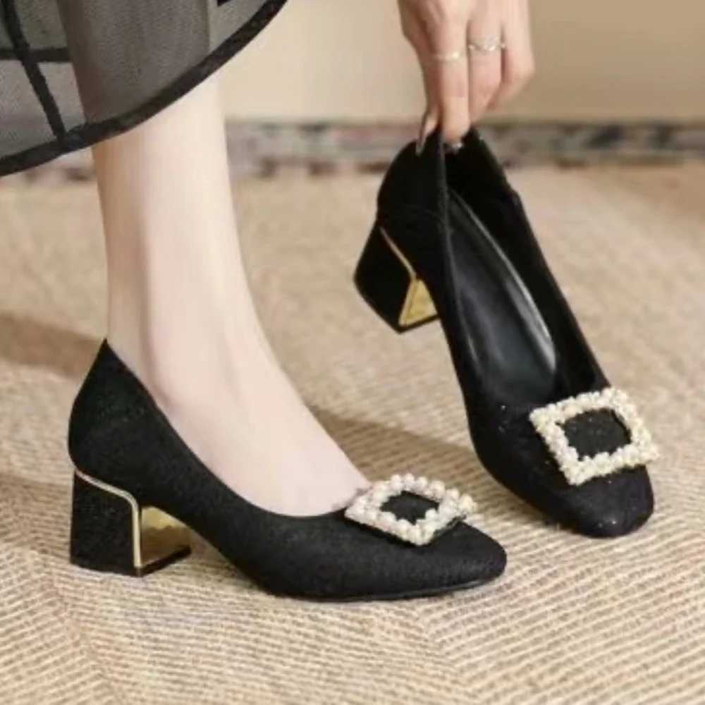 Fashion Women High Heels Black Mules Heels Women Chunky Rhinestone Elegant Shoes Party Wedding Woman Pumps Plus Size Women ShoesLX241014