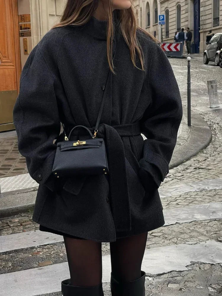 Fashionable high neck woolen coat for womens casual long sleeved single chest slim fit warm coat for autumn street womens coat 241007