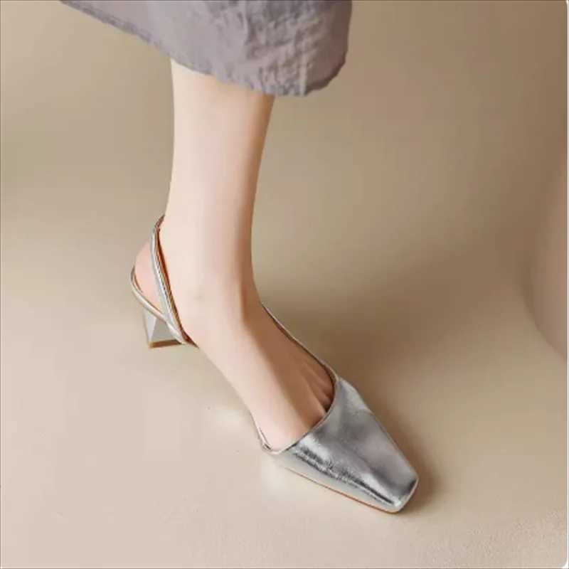 2024 Women Sandals Leather Square Toe Med Heel Summer Slingbacks Pumps Shoes Woman Party Wedding Size 35-41LX241014