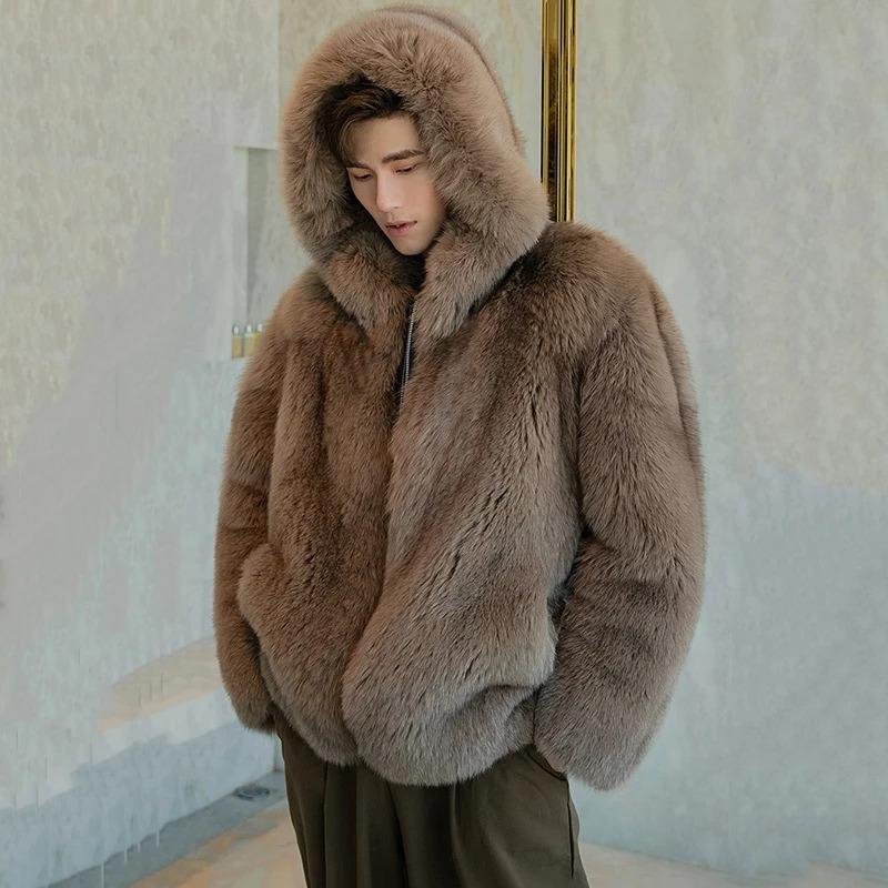 PFNW Autumn Winter Fashion Hooded Short Fur Coats For Men Fox Fur Warm Soft Fuax Fur Loose Fit Jacket 12C1159 241011