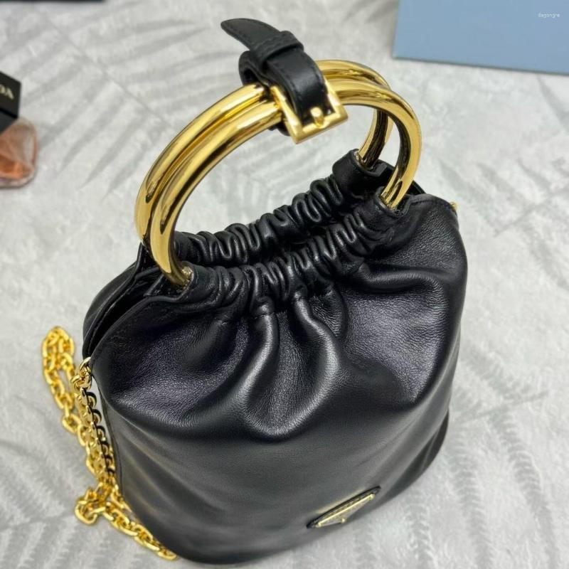 Drawstring 2024 Autumn And Winter Metallic Ring Frosted Lambskin Cyber Celebratory Bucket Bag fe5f