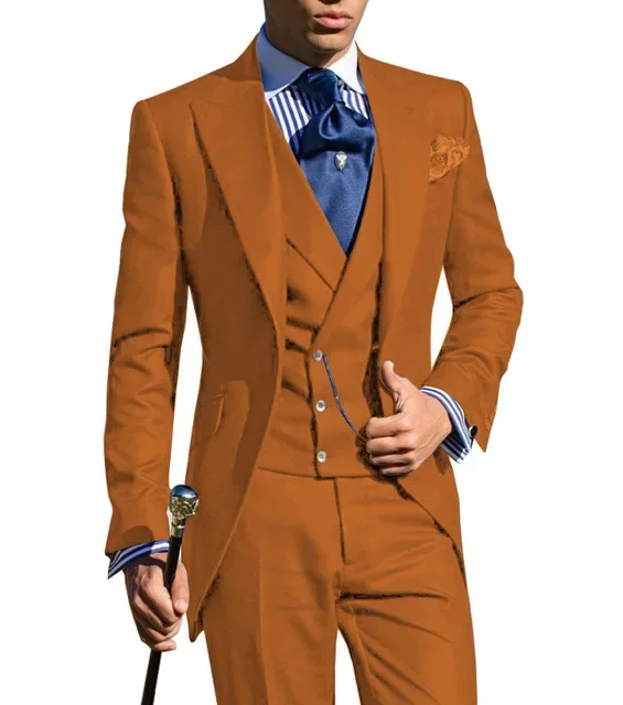 Business Suits for Men Slim Fit Long Jacket with Double Breasted Vest Custom Groom Tuxedo Wedding 3 Pcs Italian Style Tail Coat