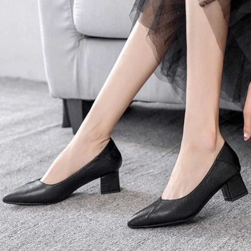 Pumps Women Shoes Shallow Chunky Heeled Pointed Toe Ladies Shoe Platform Soft Leather Slip on Womens Fashion Dress Office 2023LX241014