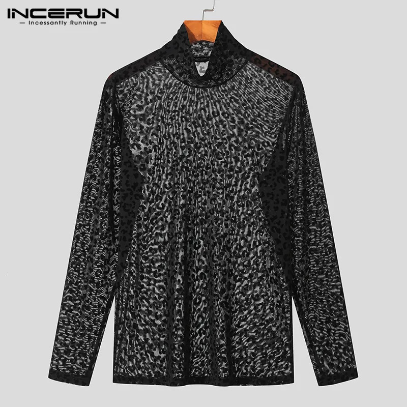 INCERUN Men T Shirt Leopard Print Turtleneck Mesh Sexy Long Sleeve See Through Camisetas Streetwear Fashion Men Clothing 241011