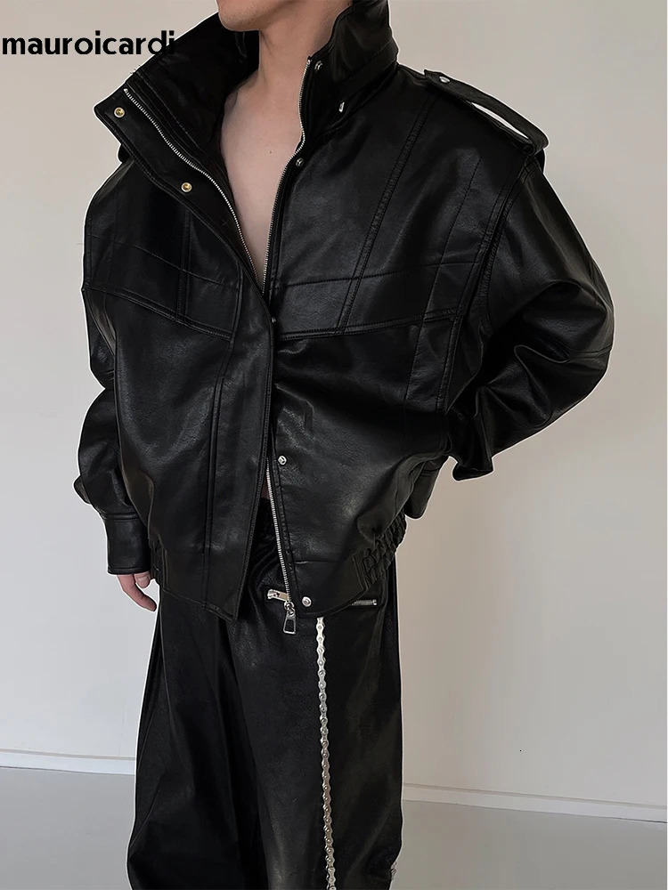 Mauroicardi Autumn Winter Oversized Cool Waterproof Windproof Black Pu Leather Jacket Men Zip Up Clothes 241011