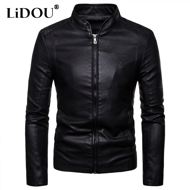 Autumn Winter Solid Color Fashion Long Sleeve Faux Leather Man High Street Round Neck Zipper Pockets All-match Coat 241011