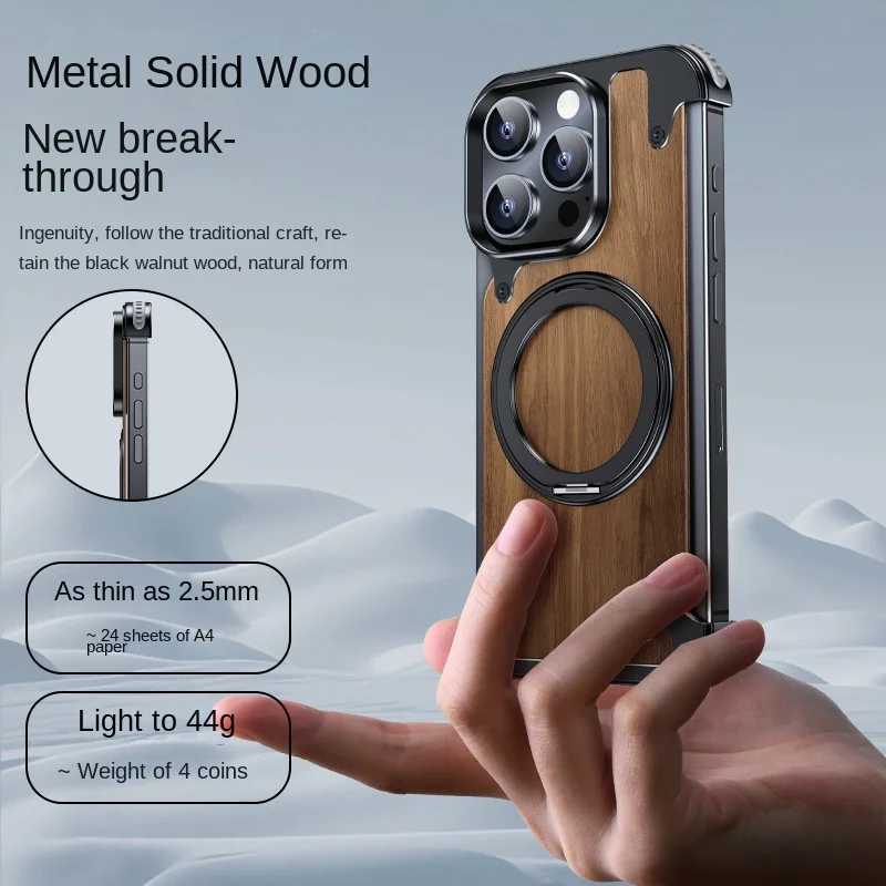 New Arrival Walnut metal case for iPhone 16 15 14 13 Pro 360 rotating ring holder magnetic phone holder protective cover Z241012