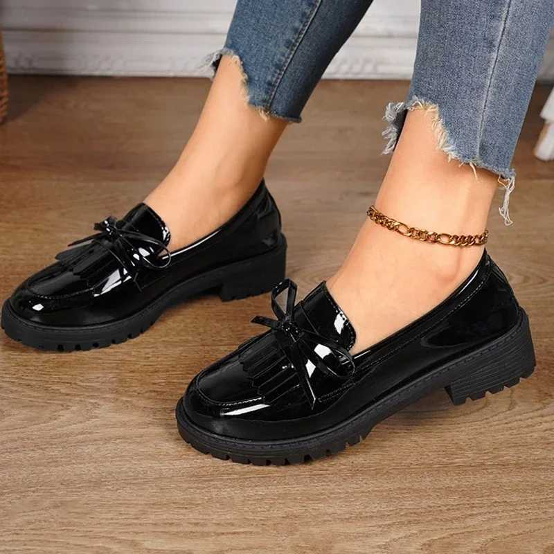 2024Womens Summer New PU Leather Classic Solid Color Square Heel Anti-Slip Loafers Elegant Bow Designer Dress Banquet High HeelsLX241014