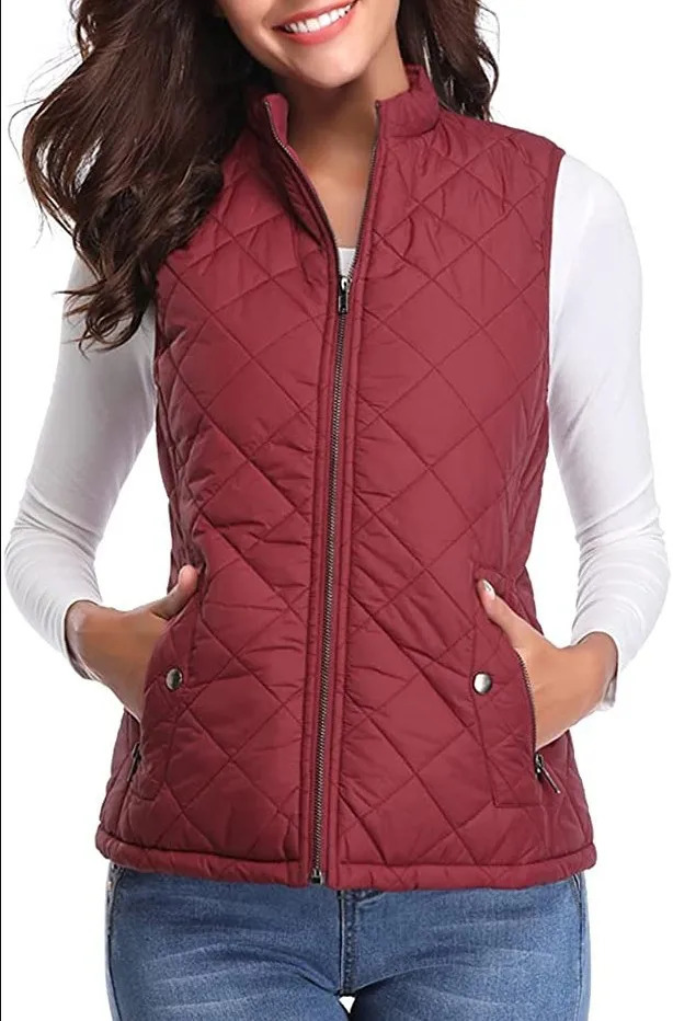 Women Sleeveless Zip Up Vest Mandarin Collar Puffer Jacket Fall Lightweight Black Pink Khaki Red Coffee Coats with Pockets 241008