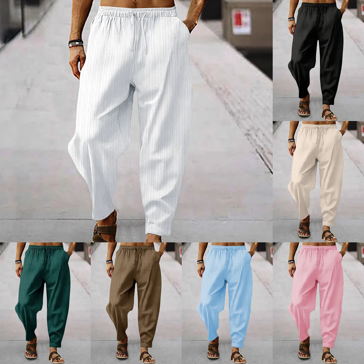 Summer cotton breathable comfort linen striped mens hip hop sweatpants Business casual pants S5XL 240930