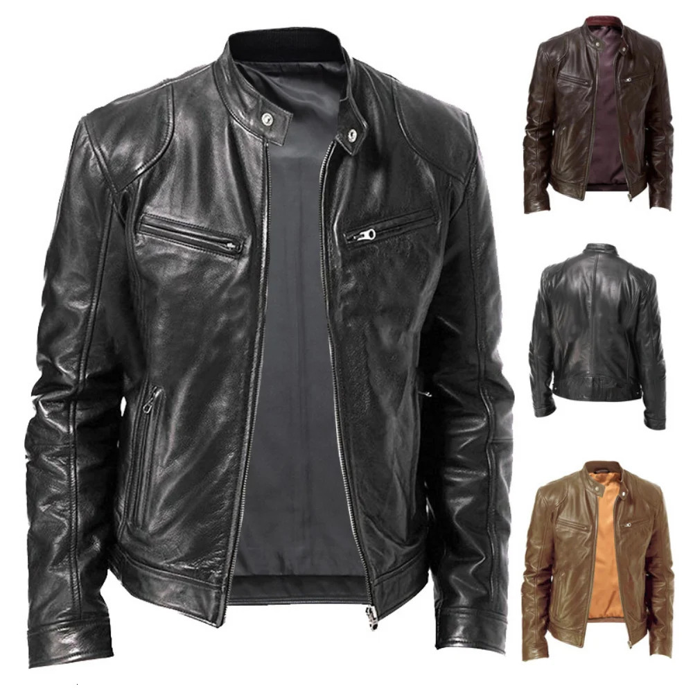 Spring Mens Standup Collar Slim Leather Jacket Zipper Pocket Decorative PU Coat Biker Men Clothes Casual Male 240930